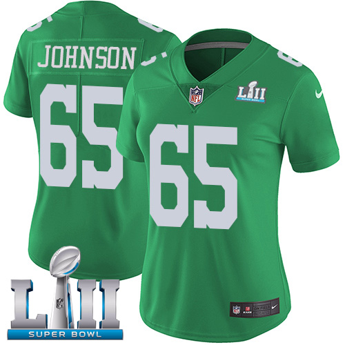 Nike Eagles #65 Lane Johnson Green Super Bowl LII Women's Stitched NFL Limited Rush Jersey